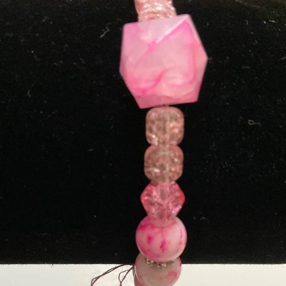 Hand Crafted Stretch Bracelet Pink Beads Silver I Love God Charm